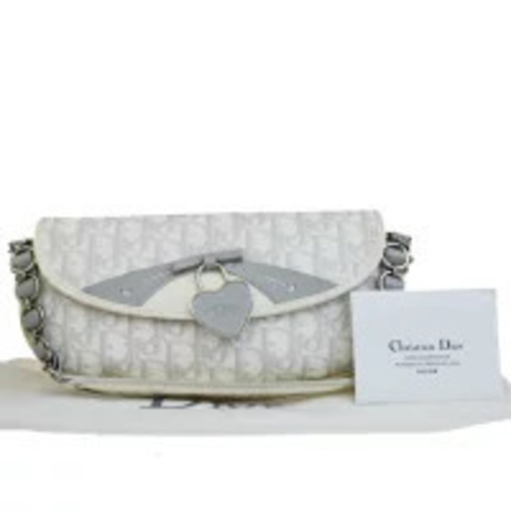 Christian Dior Trotter Chain Shoulder Bag Heart White Gray Leather